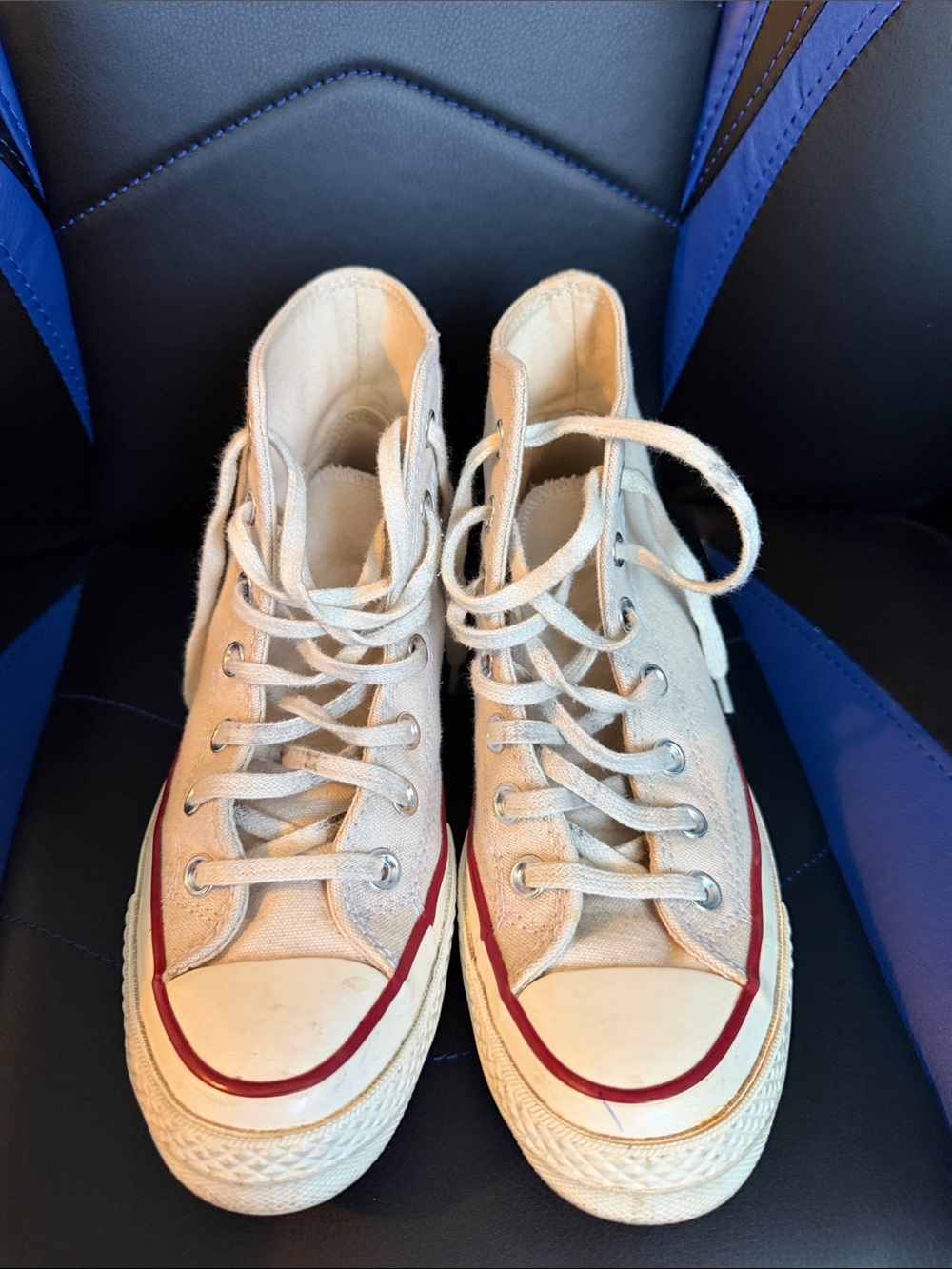 Converse High-Top Canvas Sneakers in Beige with Red Trim